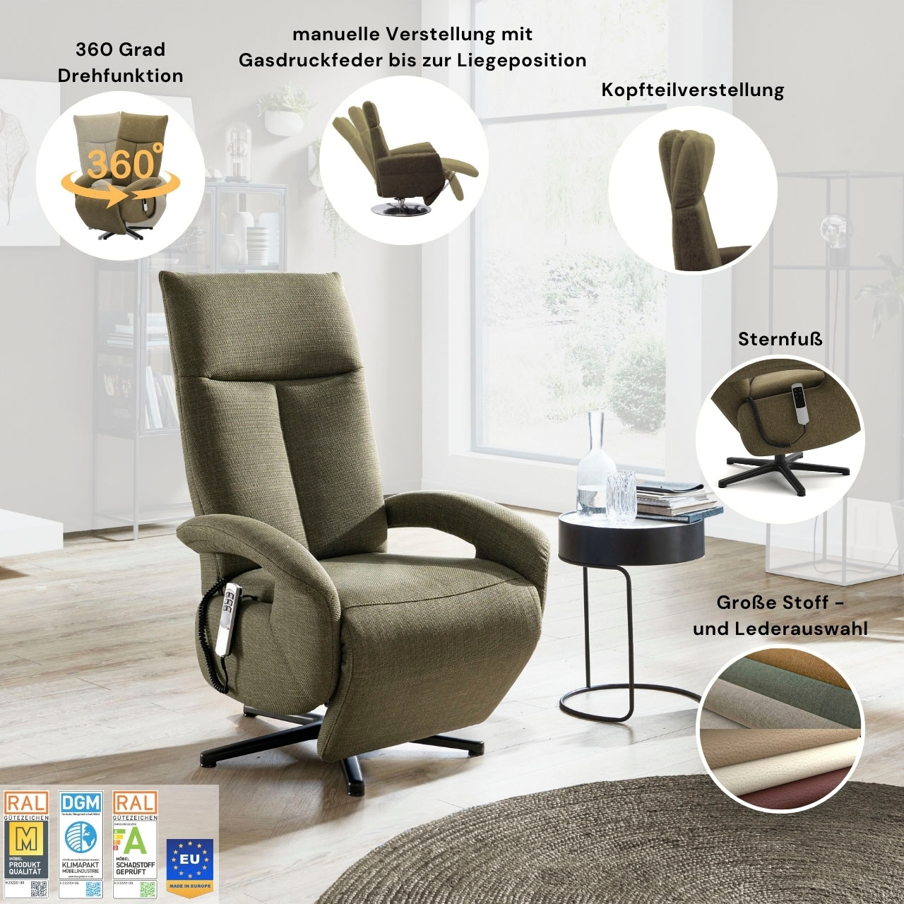 sit&more TV-Sessel »Zoe, inkl. Kopfteilverstellung & 360° Drehfunktion« wahlweise mit 2 Motoren, Akku & Aufstehhilfe