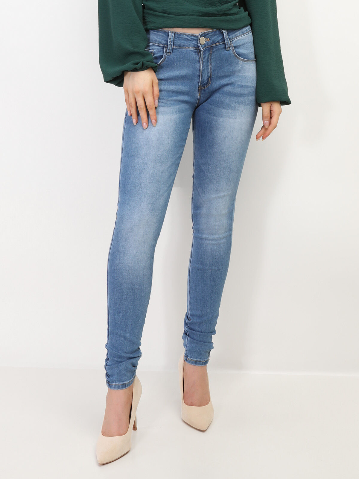Jeans skinny push-up délavé- Bleu