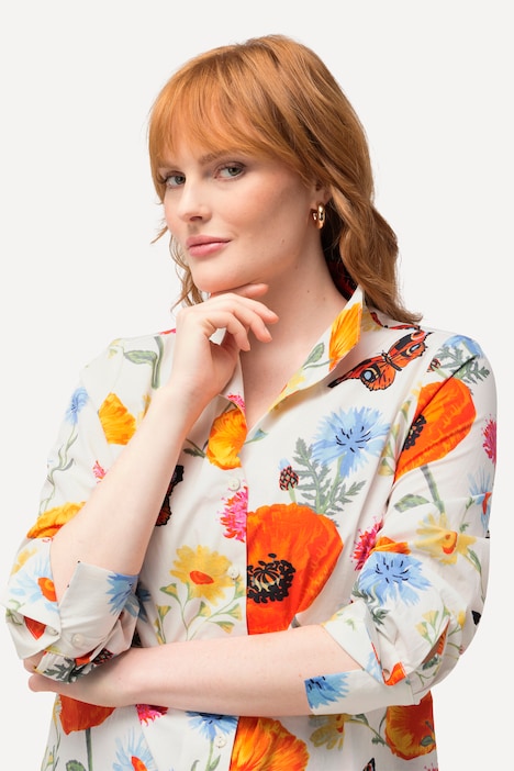 Bluse, Blüten, Schmetterlinge, Kelchkragen, Langarm
