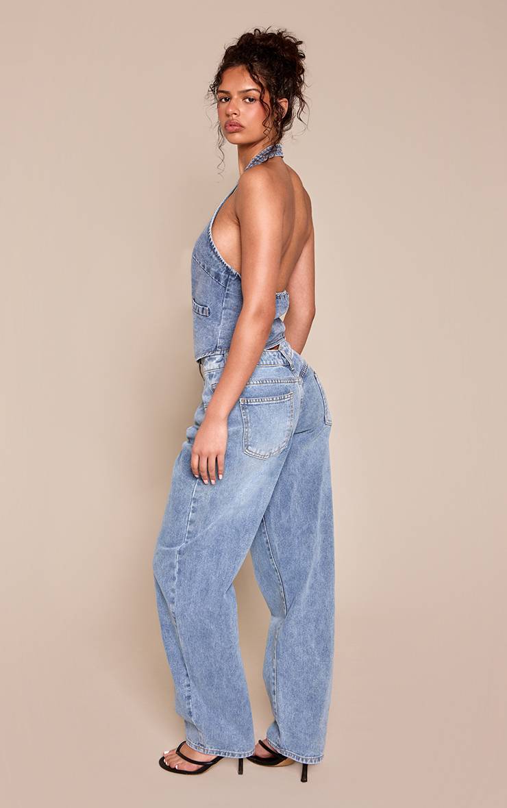 Mid Blue Wash Jean Boyfriend Taille Basse À Ceinture Plongeante Bleu Moyen