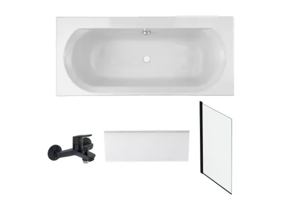Pack baignoire droite 180 x 80 JACOB DELAFON Elise + tablier niche + mitigeur bain Aimé noir + pare bain noir mat + vidage