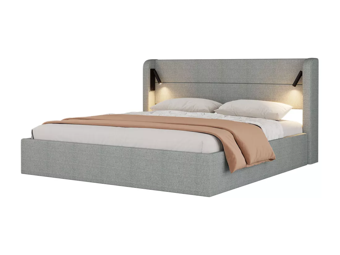 Lit coffre capitonné 180x200 cm - lit double - avec éclairage - sommier à lattes - lin - gris (matelas non inclus)