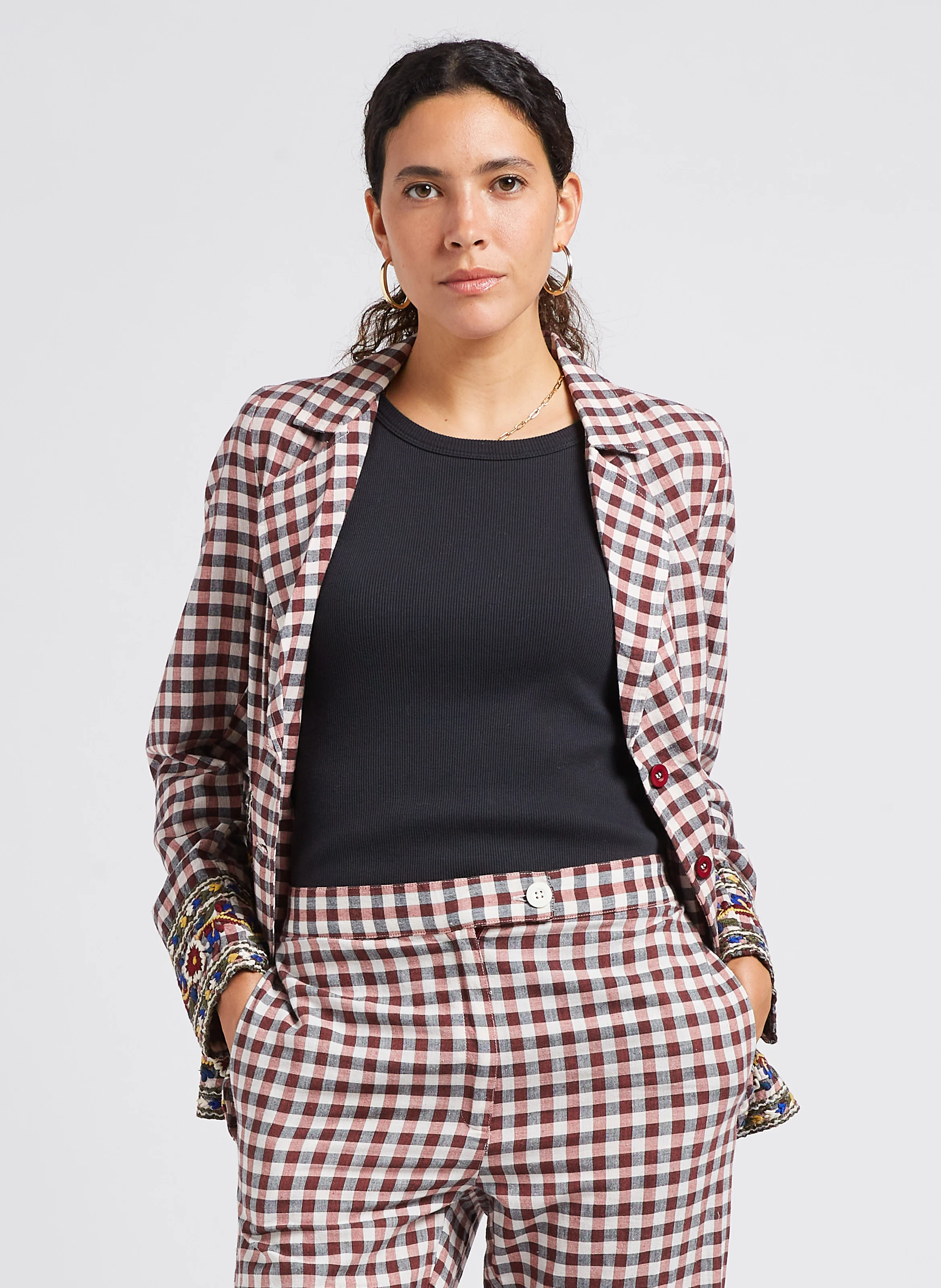 BERNADETTE - Veste de tailleur à carreaux en coton | Marron