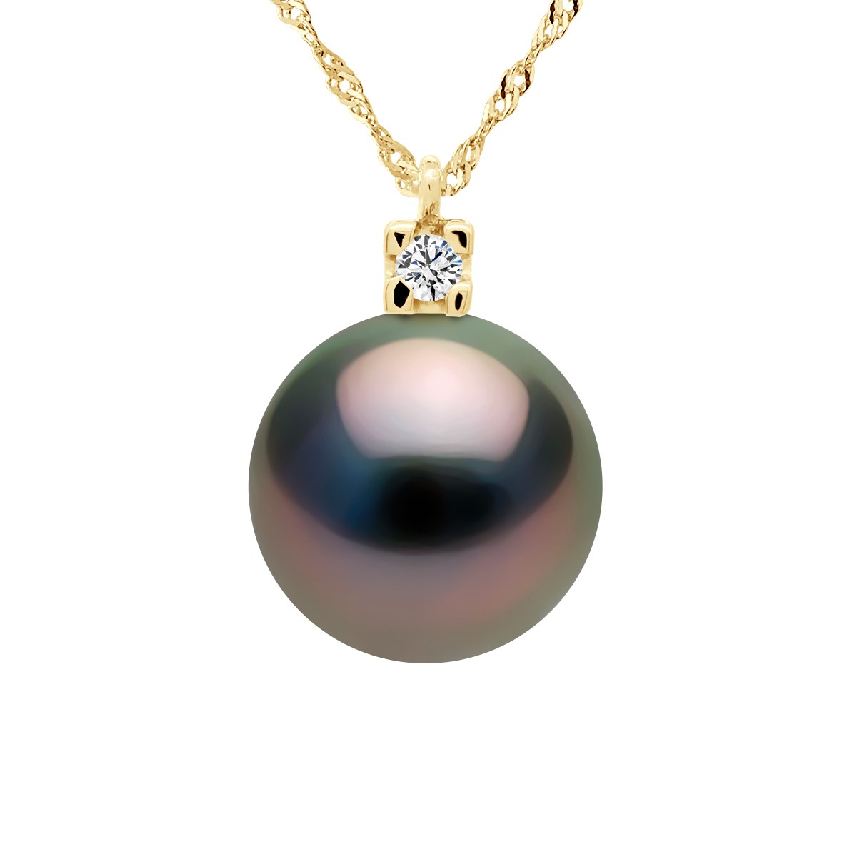 Collier Joaillerie Diamants 0,03 Cts - Véritable Perle de Culture de Tahiti Ronde 9-10 mm - Or Jaune
