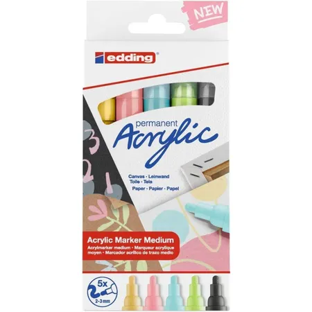 edding 5100 Acrylmarker - grau, gelb, blau, grün, rosa - 5 Acrylfarben Set (pastell) - Rundspitze 2-3 mm