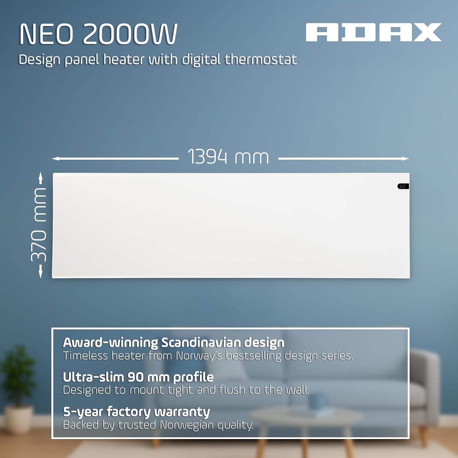 ADAX NEO NP Elektroheizkörper - 2000W, Weiß | Thermostat mit Zeitschaltuhr | Elektroheizung Wandmontage | Höhe 370mm | Heizkörper Elektrisch | Frostwächter, Wochenmodus | Wandkonvektor | KDT | IP20