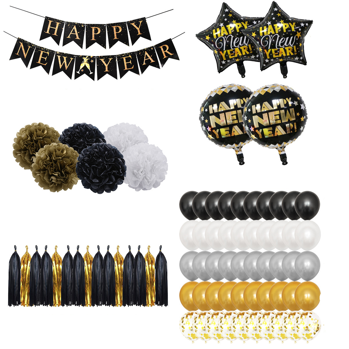 (64-tlg. Set) Happy New Year Girlande Silvester Party Dekoration   Folien Ballons / Latex Luftballons / Quasten Girlande - Gold / Schwarz