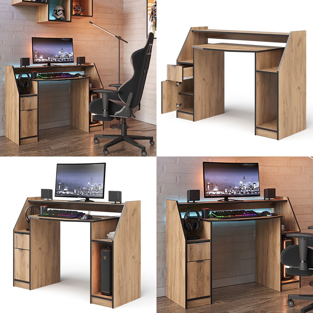 Vicco Computertisch Joel Eiche Schwarz 123 x 45 cm Gamingtisch PC-Tisch Schublade Tür
