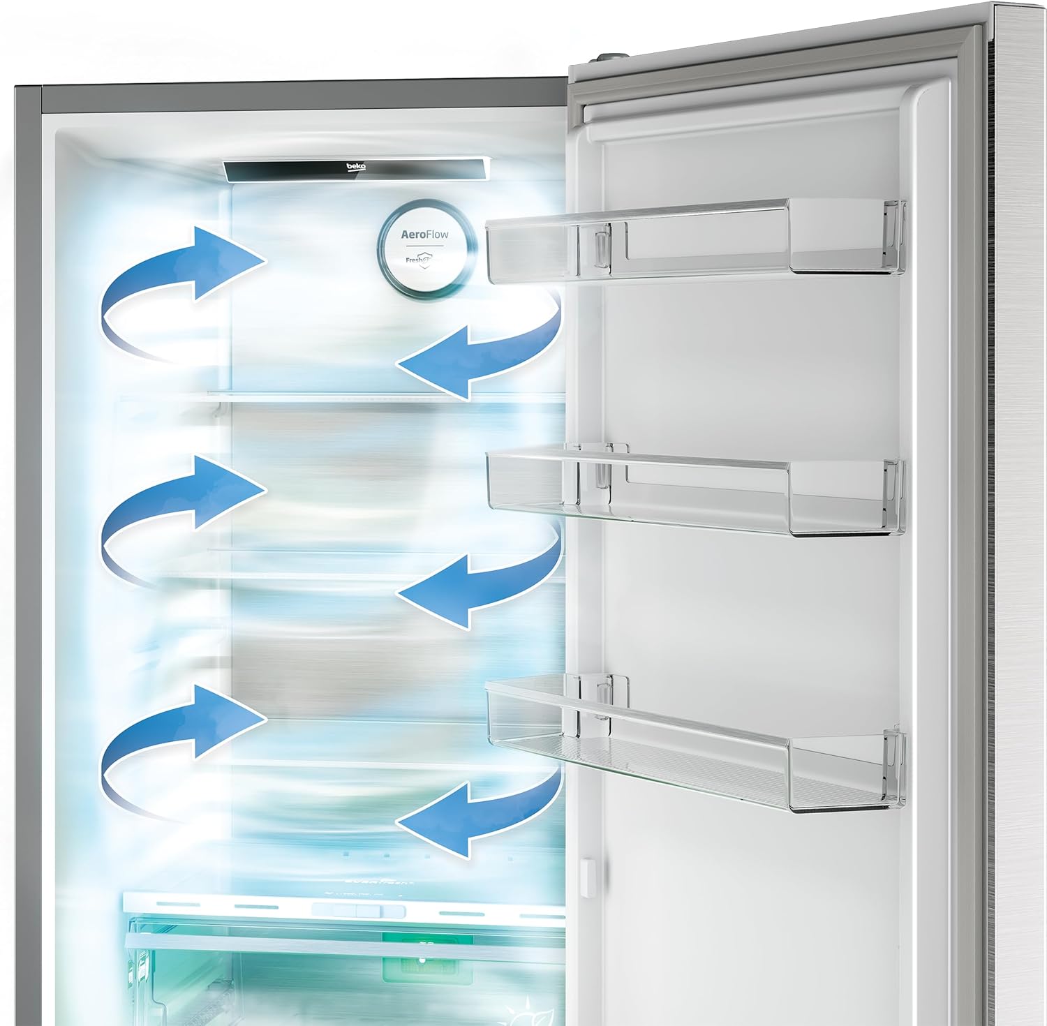 Beko B7RCNE367HXB freistehende Kühl/-Gefrierkombination, 316 l Nettovolumen, 210 l Kühlen, 106 l Gefrieren, NoFrost, AeroFlow, HarvestFresh, MultiZone, 3 Gefrierschubladen, Edelstahl-Look
