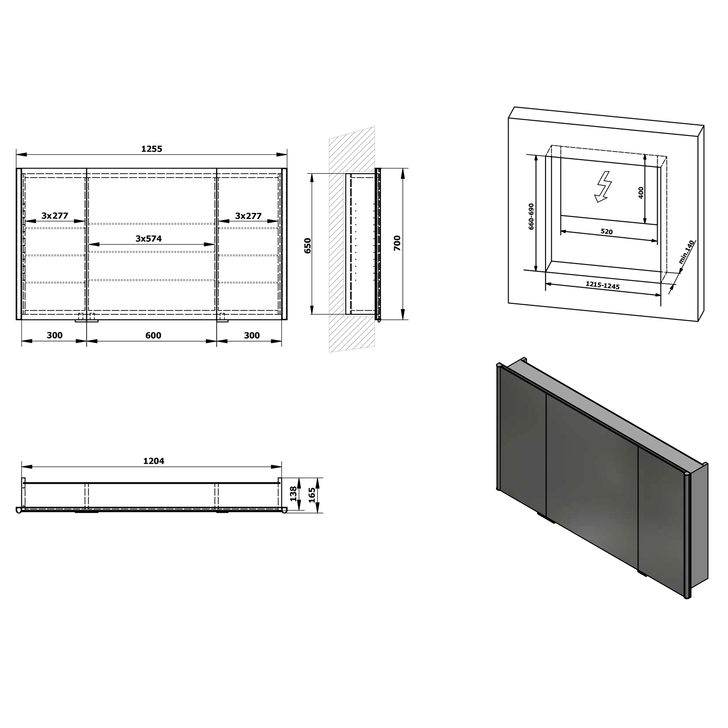 Sapho Integra inbouw spiegelkast met LED verlichting 125x70cm