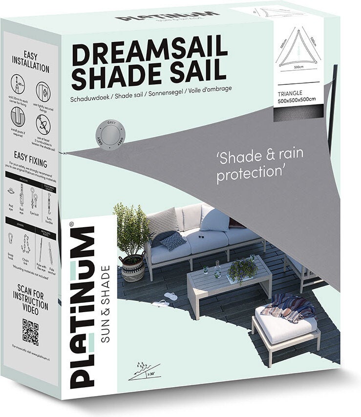 Platinum schaduwdoek driehoek Sun & Shade Dreamsail grijs 500 x 500 cm