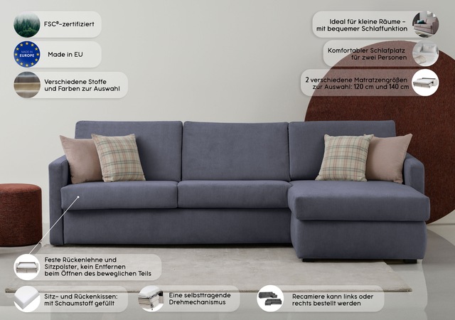 Home affaire Schlafsofa »GOLDPOINT Ecksofa 264 cm, Liegefläche (140/200cm), L-Form,« Bettfunktion, Bonell-Federkernmatratze und Dauerschläfer-Funktion