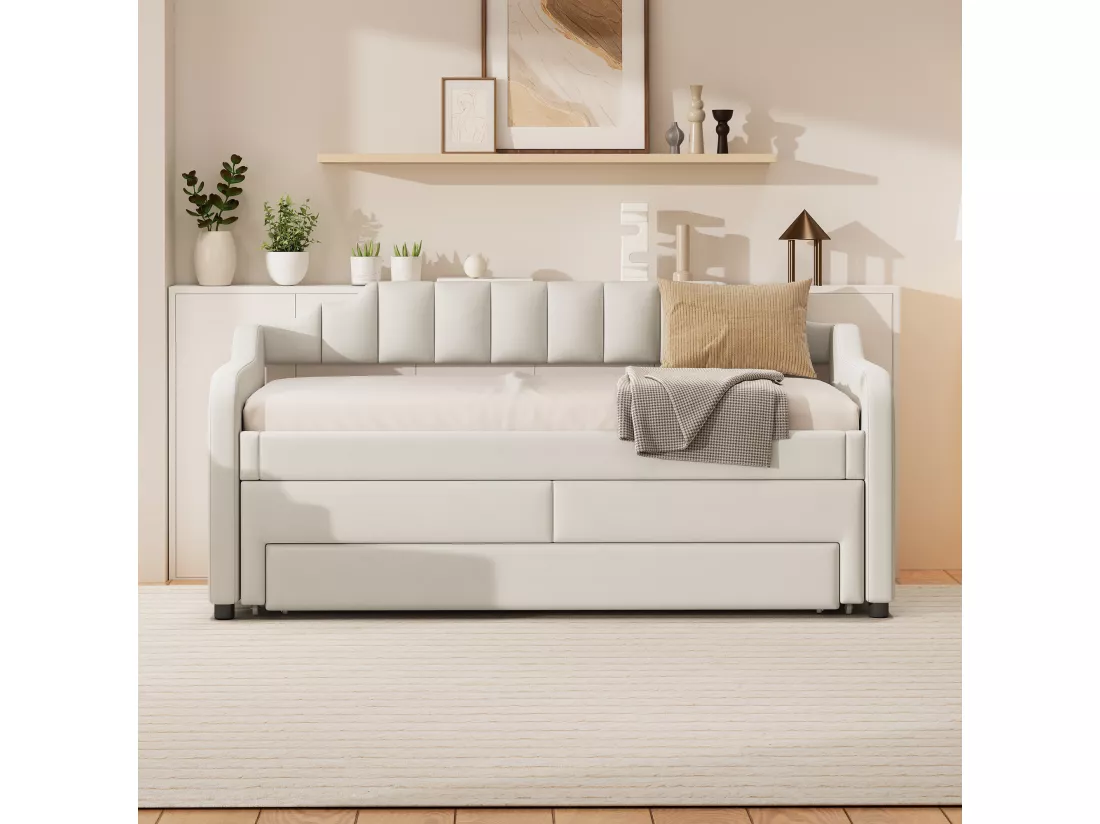 Lit gigogne 90 x 200 cm + 90 x 190 cm avec 3 tiroirs, lit de repos - tissu en cotton lin - coloris beige