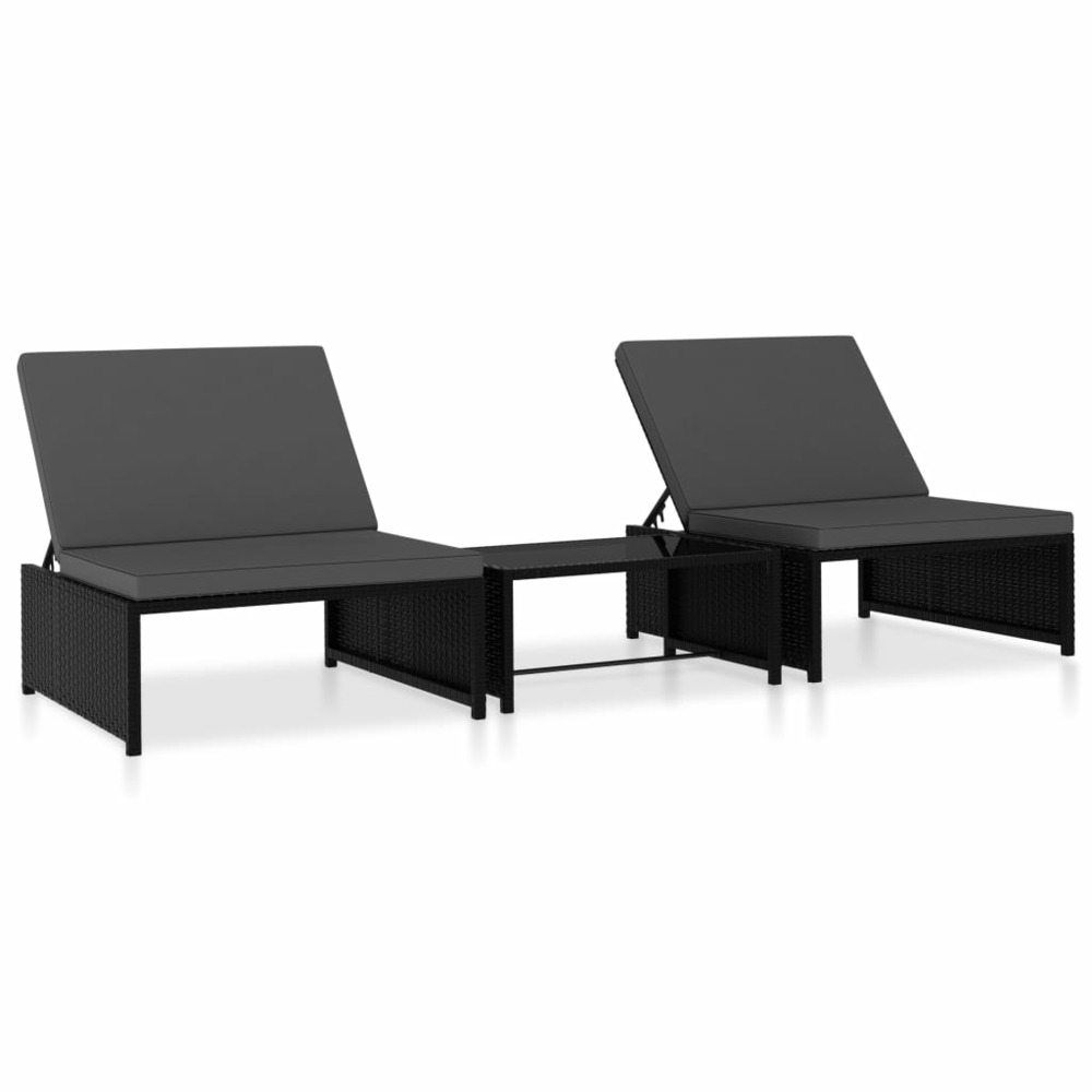 Lot de 2 transats chaise longue bain de soleil lit de jardin terrasse meuble d'extérieur avec table résine tressée noir 02_0