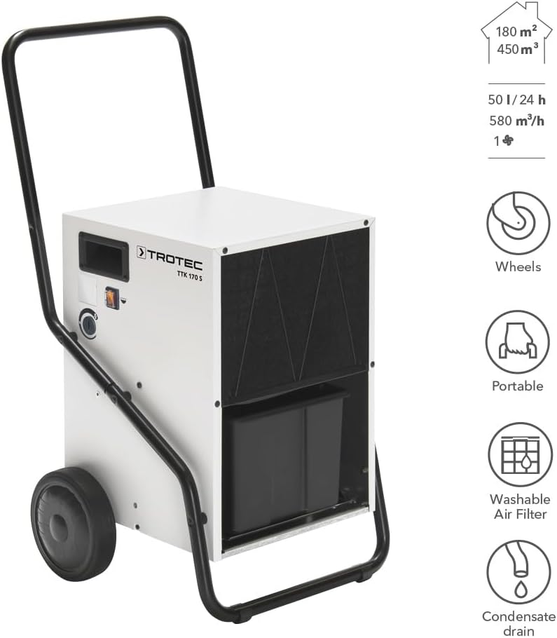 TROTEC Luftentfeuchter TTK 170 S – Leistung 50 L/Tag – Fläche 180 m² / 450 m³ – Bautrockner – für große Räume