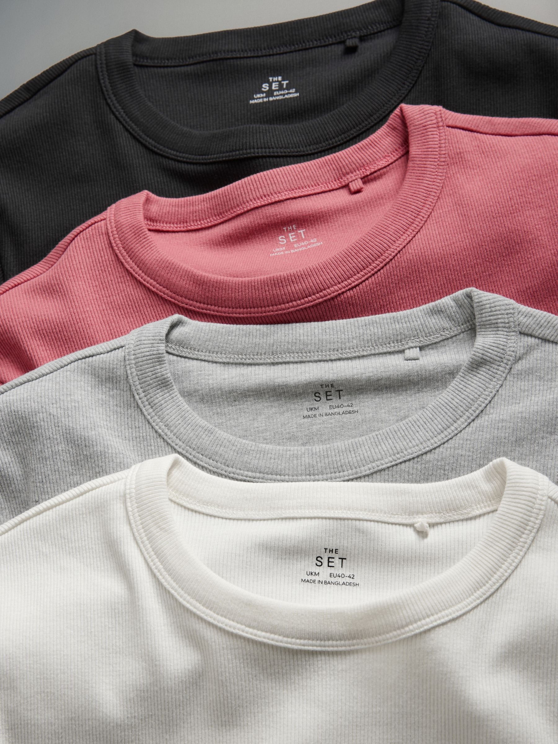 Zwart/roze/crème/lichtgrijs - The Set - 4 Geribbelde T-shirts met korte mouwen