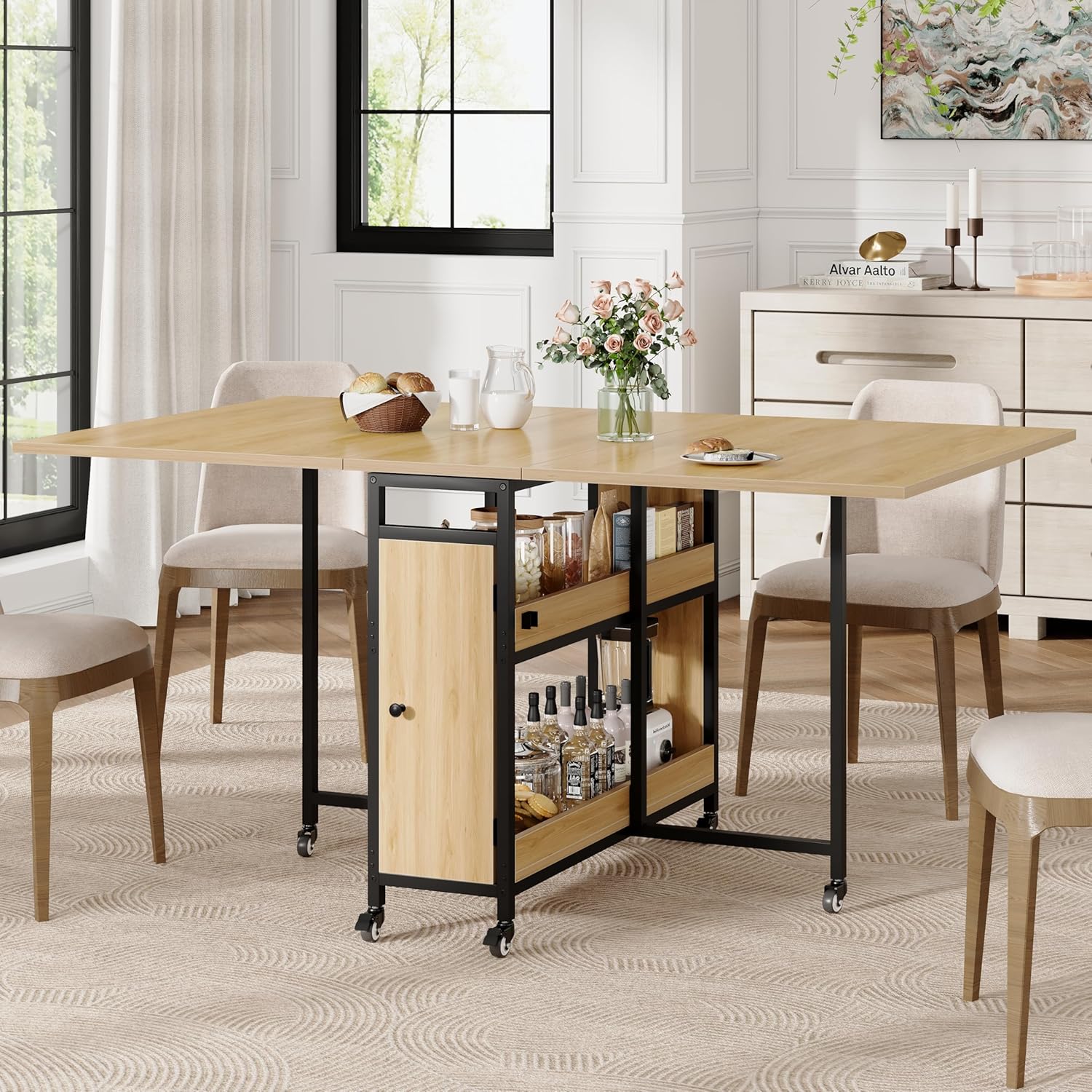 HSH Klappbarer Esstisch Klapptisch Küche Mit Stauraum Küchentisch Klappbar mit 2 Regalen und Rollen Mobiler Tish aus Holz und Metall Platzsparender Für Küche Wohnzimmer Wohnung Eichenoptik 130cm