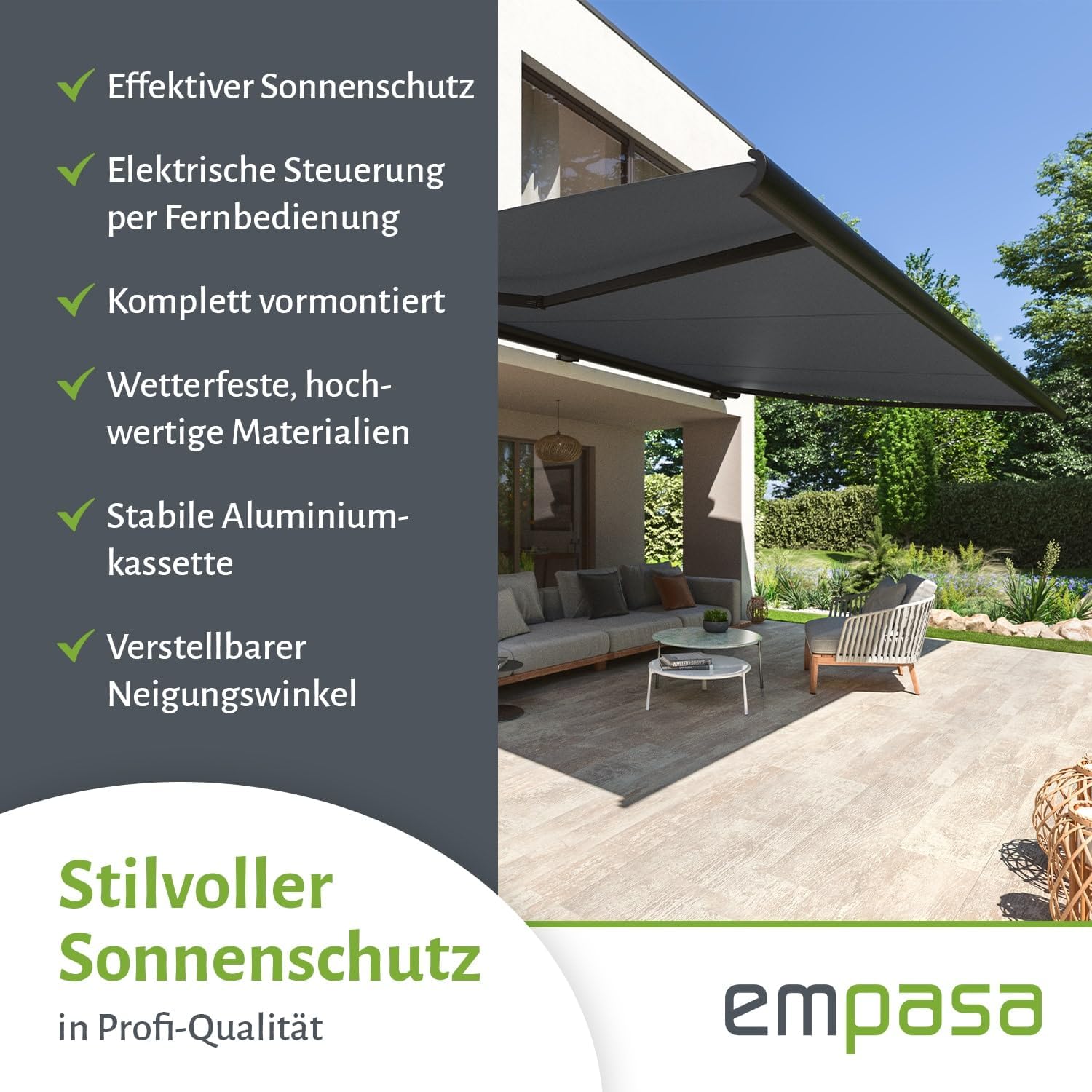empasa elektrische Vollkassettenmarkise 'Profi' Kassettenmarkise Gelenkarmmarkise Markise Sonnenmarkise Sonnenschutz komplett vormontiert, viele Farben und Größen wählbar