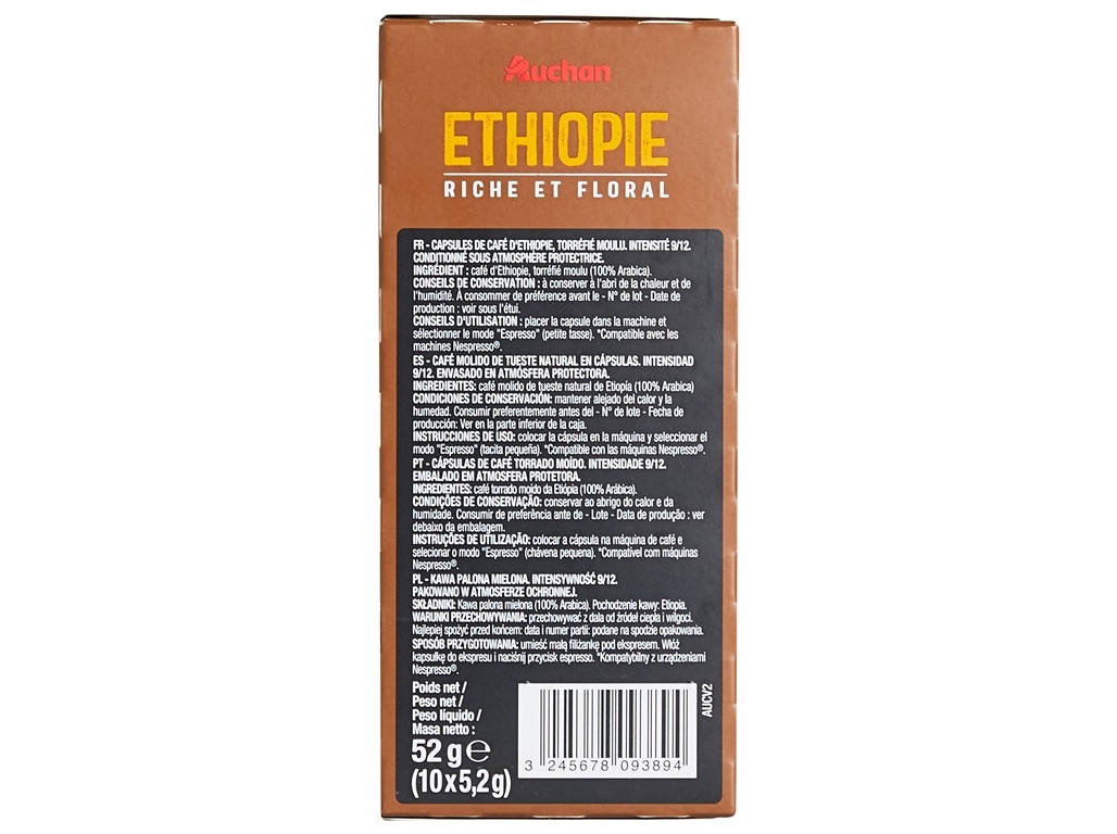 CÁPSULAS AUCHAN CAFÉ NESPRESSO ALUMINIO ETIOPIA 10UN