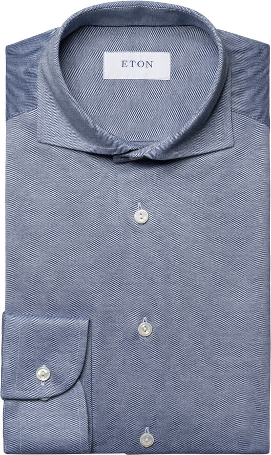 ETON Contemporary Fit Mid Blue Solid Filo Di Scozia Pique Shirt Blå