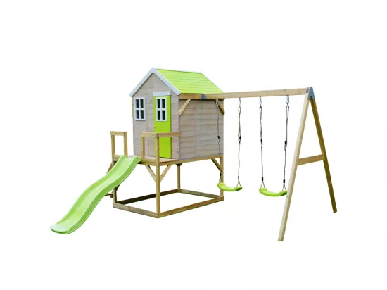 Kangui - Maison de jardin enfant extérieurs avec plateforme, toboggan et double balançoire - Toit étanche - Vert et Blanc