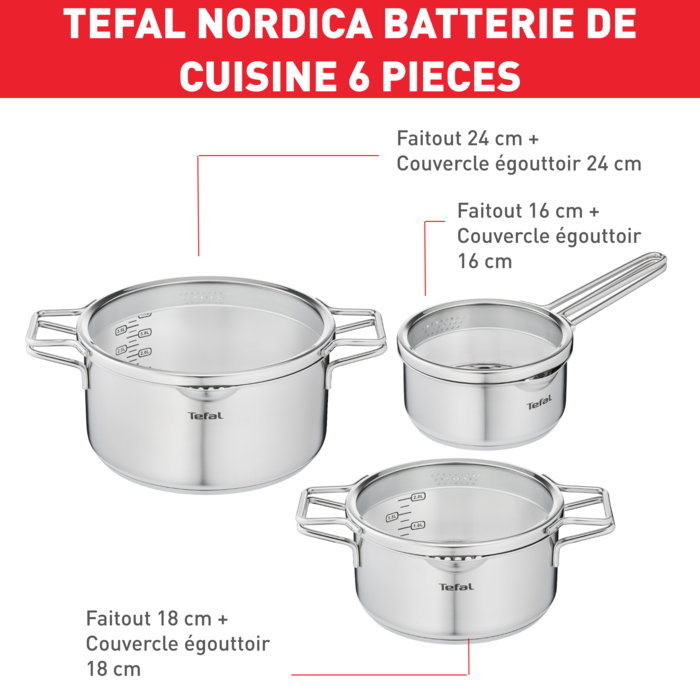 Nordica set 6 pièces casserole 16cm + faitouts 20/24cm + 3 couvercles