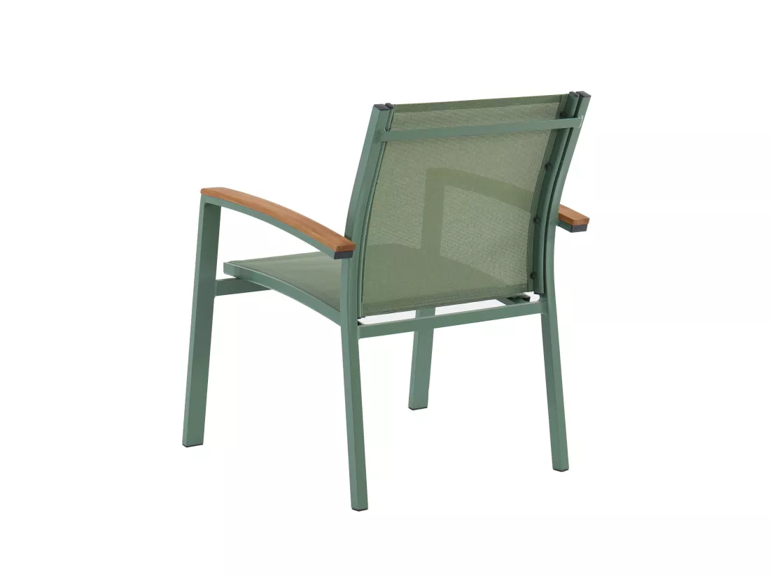 Salle à manger de jardin en aluminium : une table extensible L.180/240cm et 6 fauteuils empilables avec accoudoirs acacia - Vert amande - NAURU de MYLIA