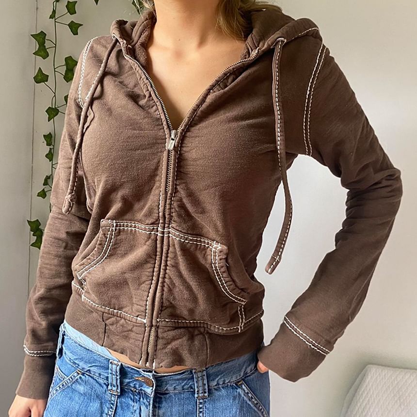 Genrovia - Contrasterende stiksels en rits cropped hoodie