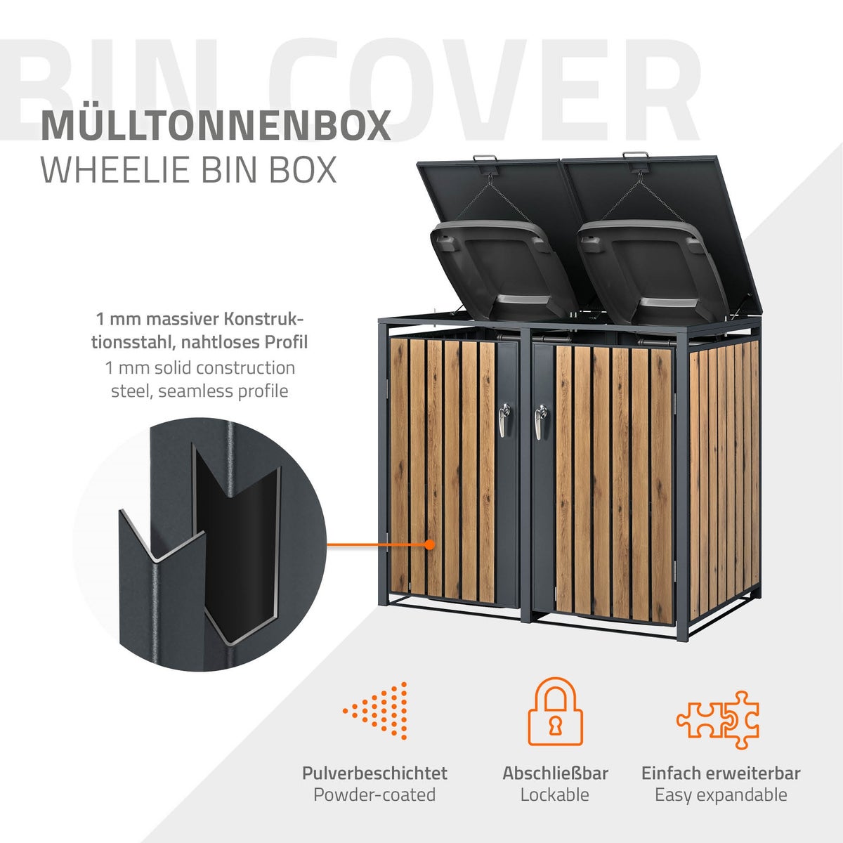 ML-Design 4-baks afvalbak, 4 bakken, 240L per stuk, 264x80x116,3cm, antraciet eiken look, staal, weerbestendig/afsluitbaar, afvalbakbehuizing met klapdeksel/4 deuren, afvalbakbox, afvalbakcontainer, afvalbakdeksel