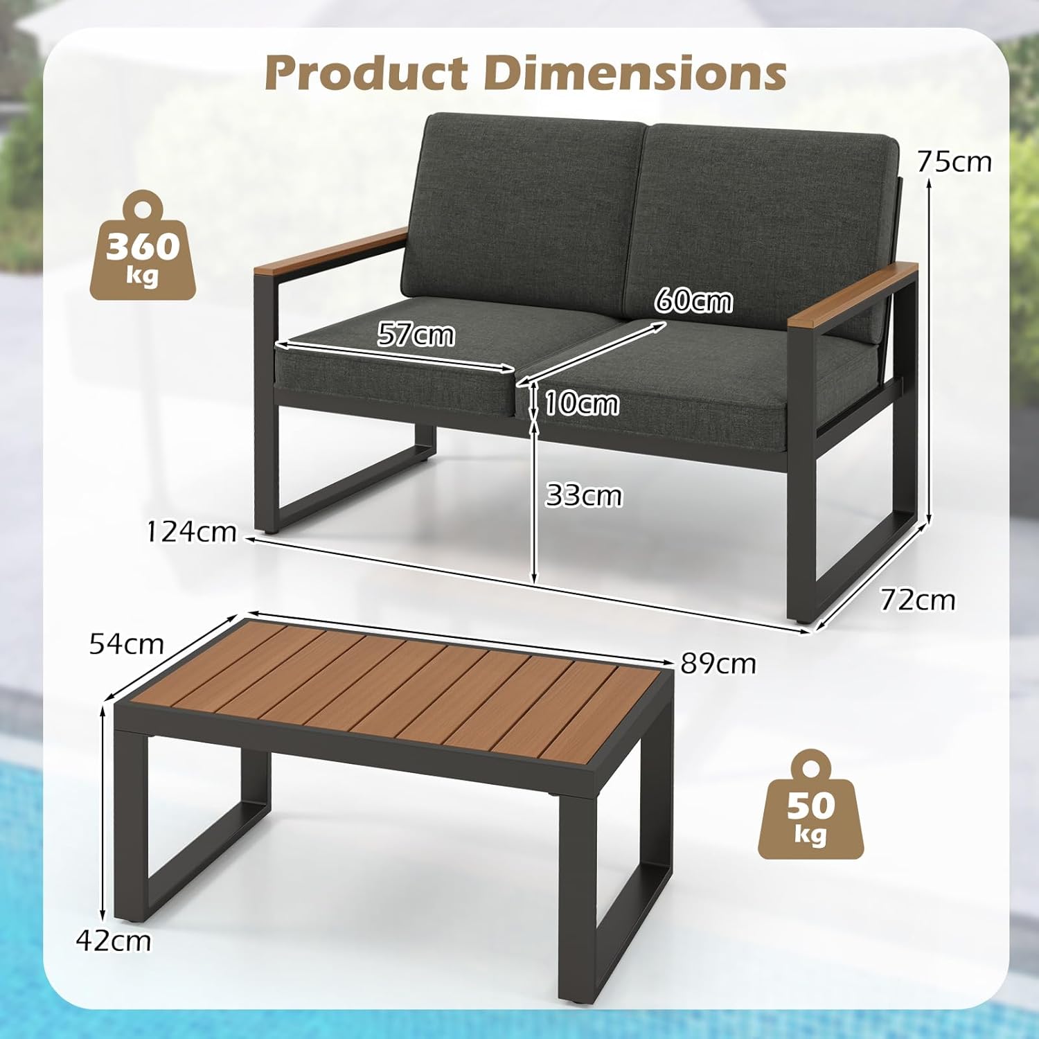 GIANTEX 2 TLG. Gartenmöbel Set, Balkonmöbel wetterfest mit Aluminiumrahmen, Terrassenmöbel Set 2-Sitzer Sofa & Couchtisch, inkl. Kissen, Balkonset für 2 Personen, Gartengarnitur Outdoor Sitzgruppe