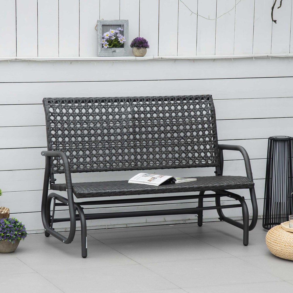 Outsunny polyrotan schommelbank, 2-zits tuinschommel, met rugleuning, 70 x 120 x 84 cm, staal, PE rotan, grijs
