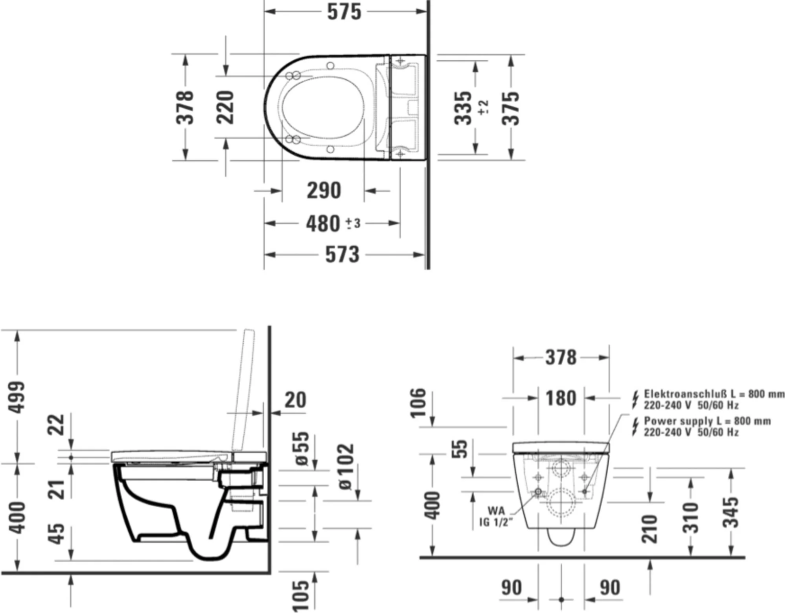 Duravit Starck F douche wc randloos met automatische open- en sluitfunctie wit glans