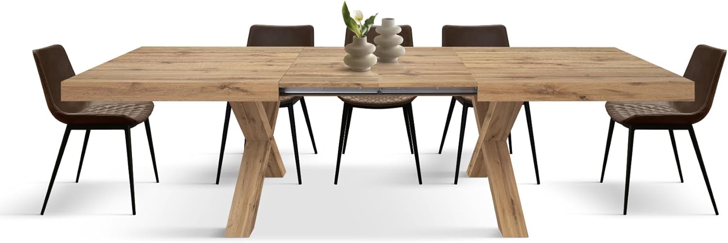 PAZZO DESIGN Ausziehbarer Tisch Marco, Wohnzimmertisch, Küchentisch, Kreuzbeine X Eiche, hergestellt in Italien, rustikale Eiche, 180x90x76 cm - id_2231