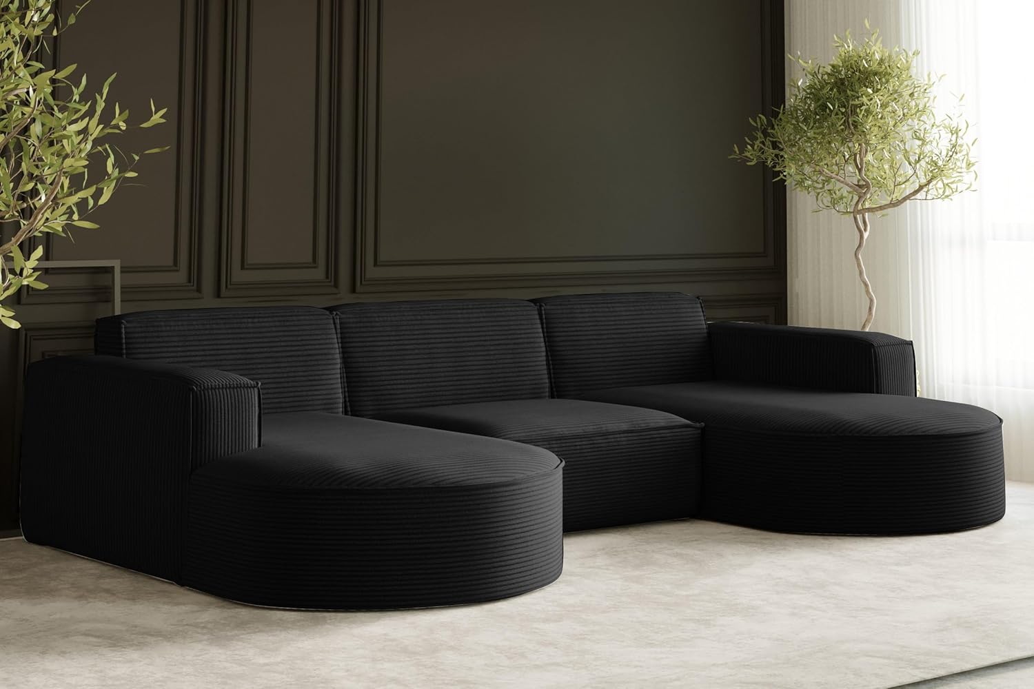 Kaiser Möbel - Ecksofa mit Wohnlandschaft, Eckcouch U Form XXL, Bigsofa, Sofa 3-sitzer, Bequemes Couch mit Ottomane für Wohnzimmer, Relaxsofa, Cord Stoff, Lounge-Set U-Form, Modena Studio, Schwarz