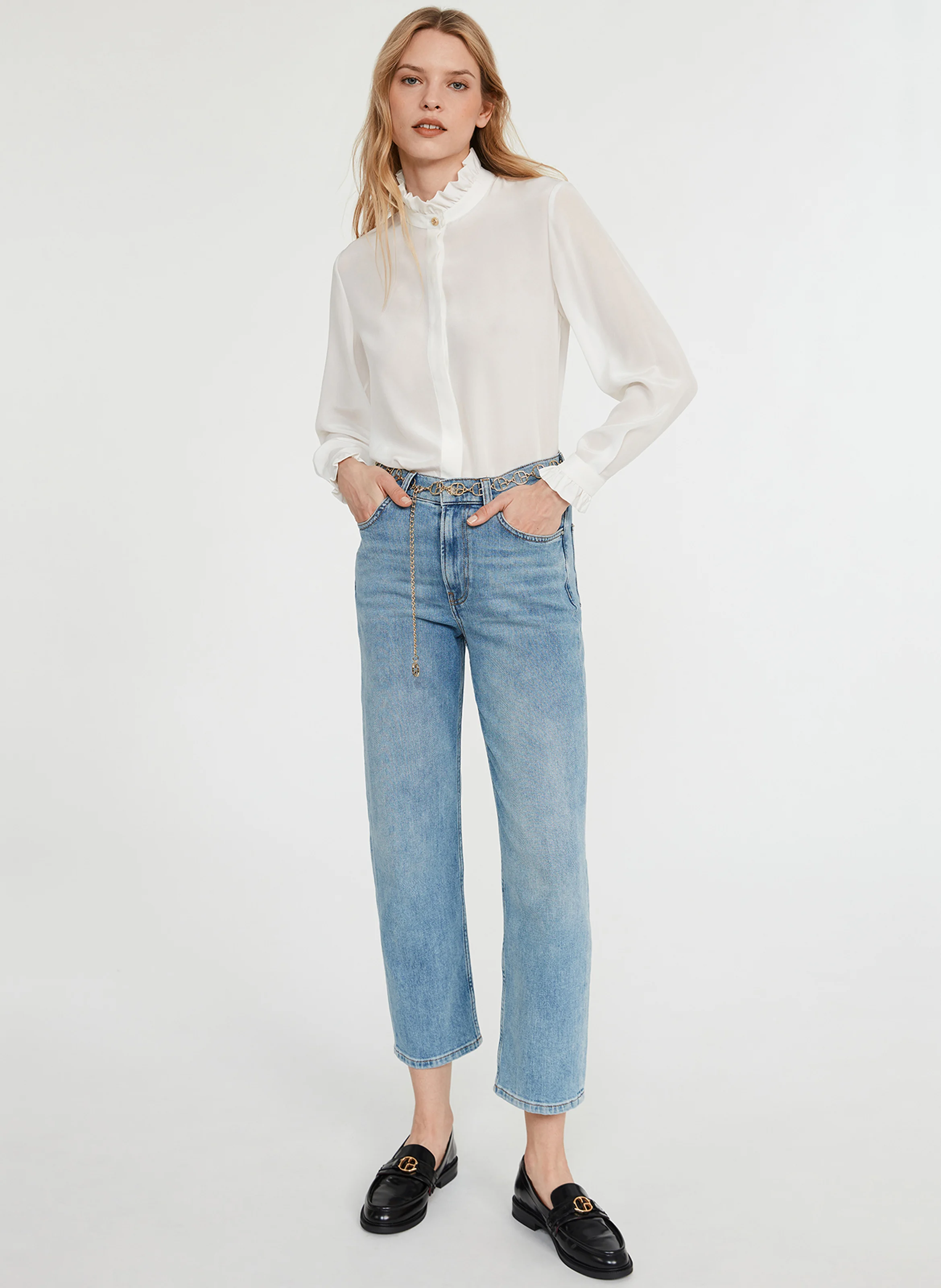 Chemise col claudine en soie | Blanc