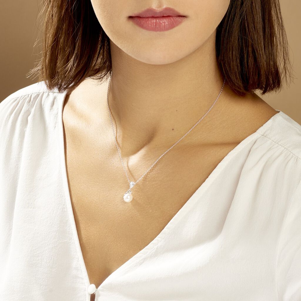 Collier Noame Argent Blanc Perle De Culture Et Oxyde De Zirconium