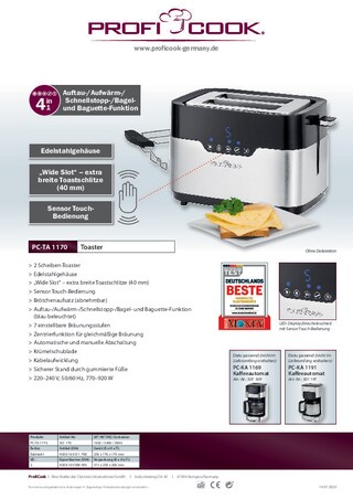ProfiCook Toaster PC-TA 1170 Edelstahl Schwarz/Silber