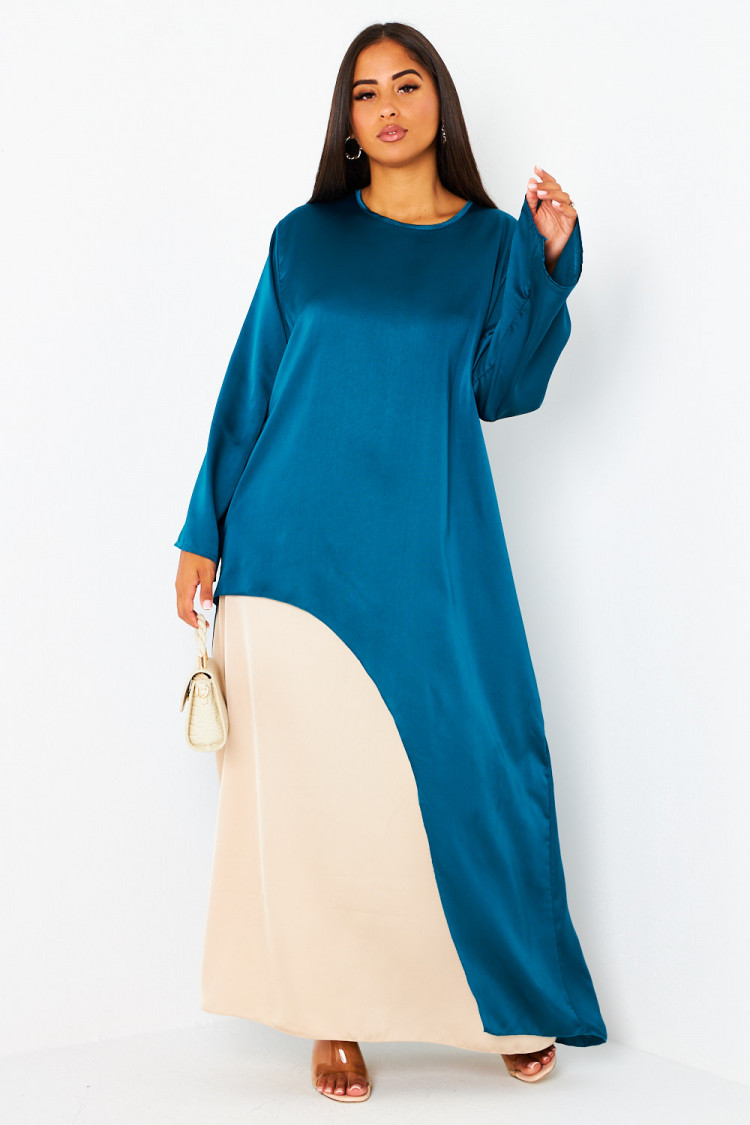Ensemble 2 pièces blouse asymétrique bleu + jupe beige