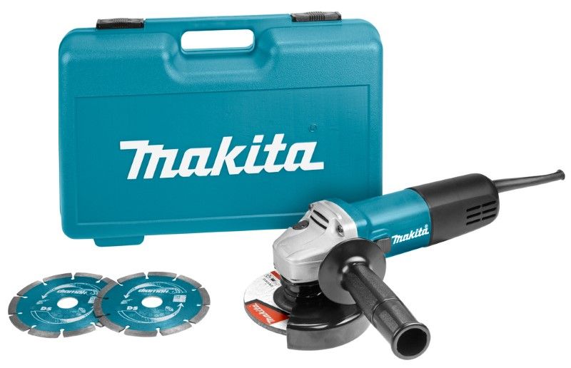 Makita 9558HNRGK2 230 V Haakse slijper 125 mm accessoire set, in koffer, met vastzetschakelaar