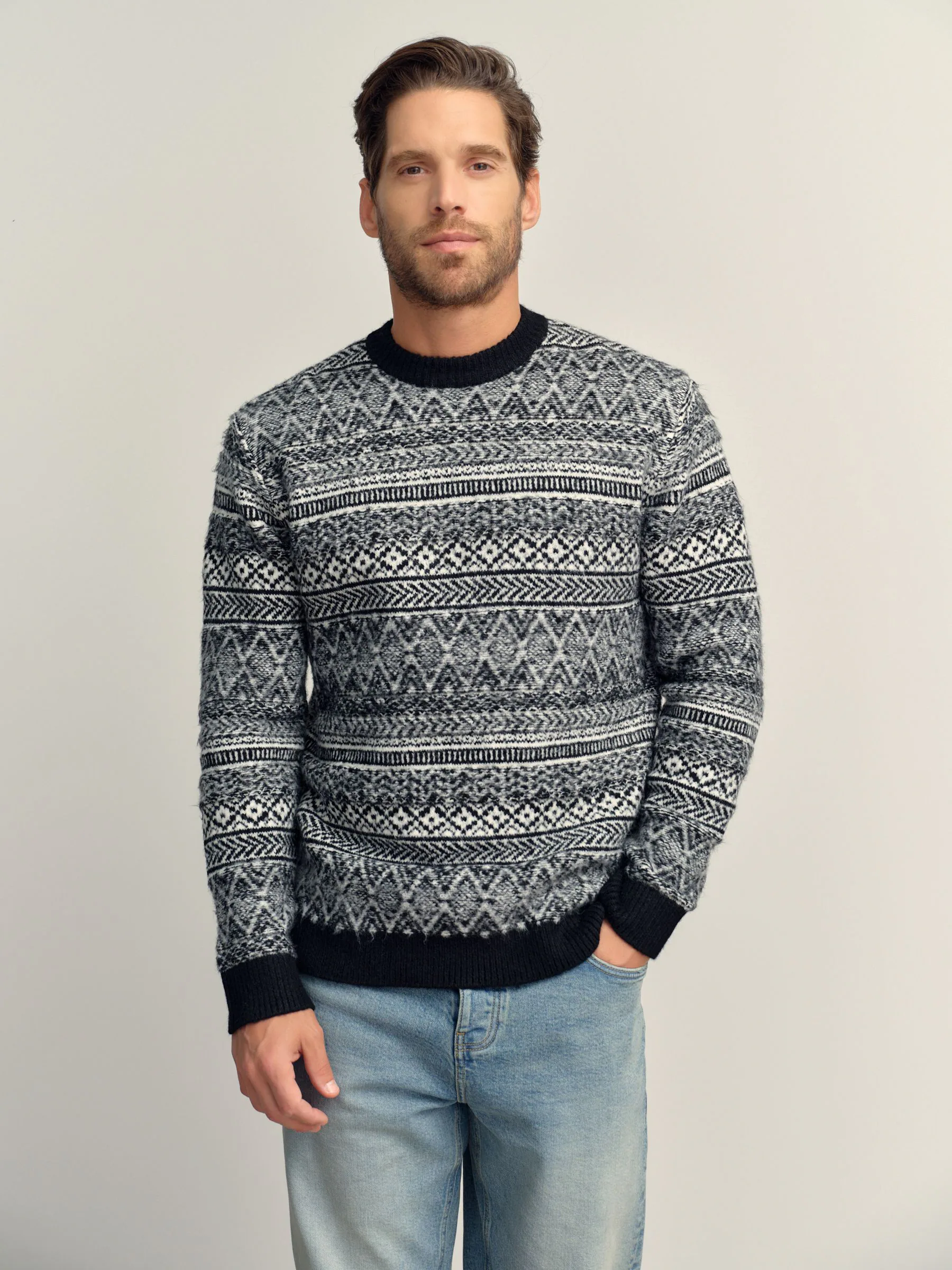 Zwart/wit - Regular Fit Fairisle Pattern Crew Neck Jumper
