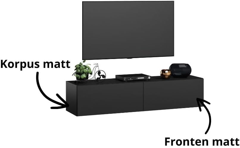 4housedesign® TV Board Lowboard Hängend | Fernsehschrank tv Sideboard Wohnzimmer | Lowboard Wohnzimmer fernsehregal tv Board Hängend tv Shrank tv 55 Zoll - TV Lowboard Schwarz Mat 120cm