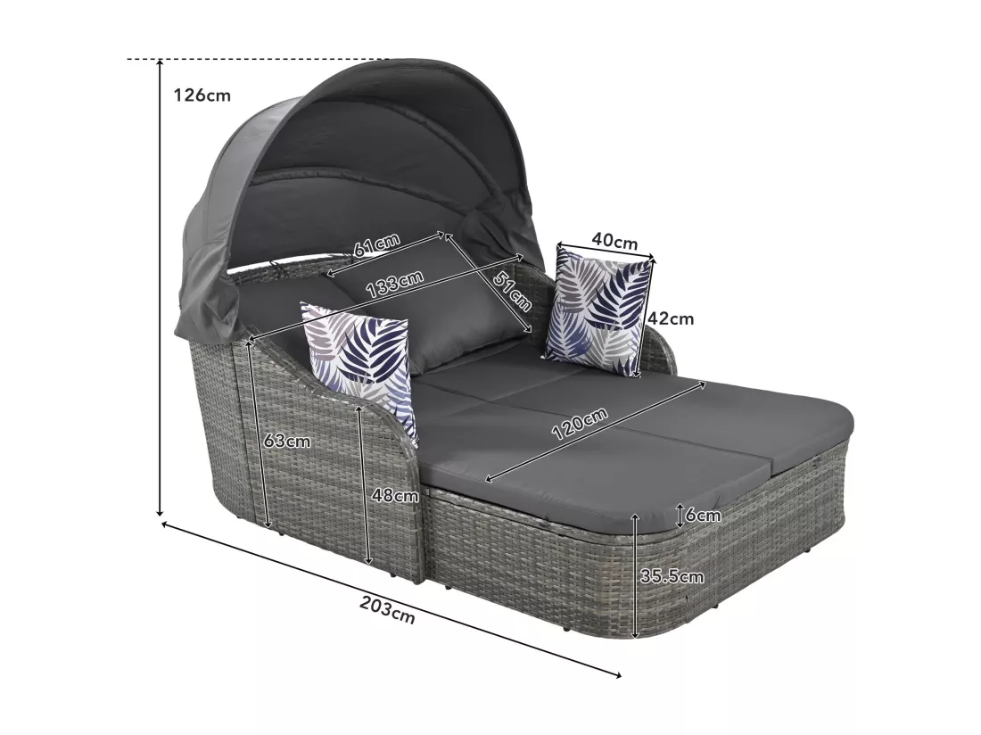 Salon de jardin en résine tressée 2 places, Lit de jardin avec auvent réglable, chaise longue de patio, 6 coussins inclus, gris