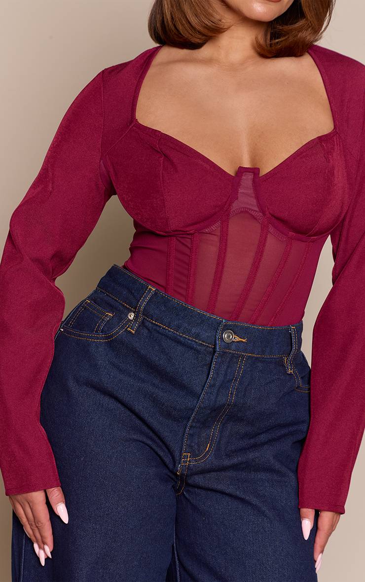 Rouge Bordeaux Body Corset Manches Longues En Mesh Shape