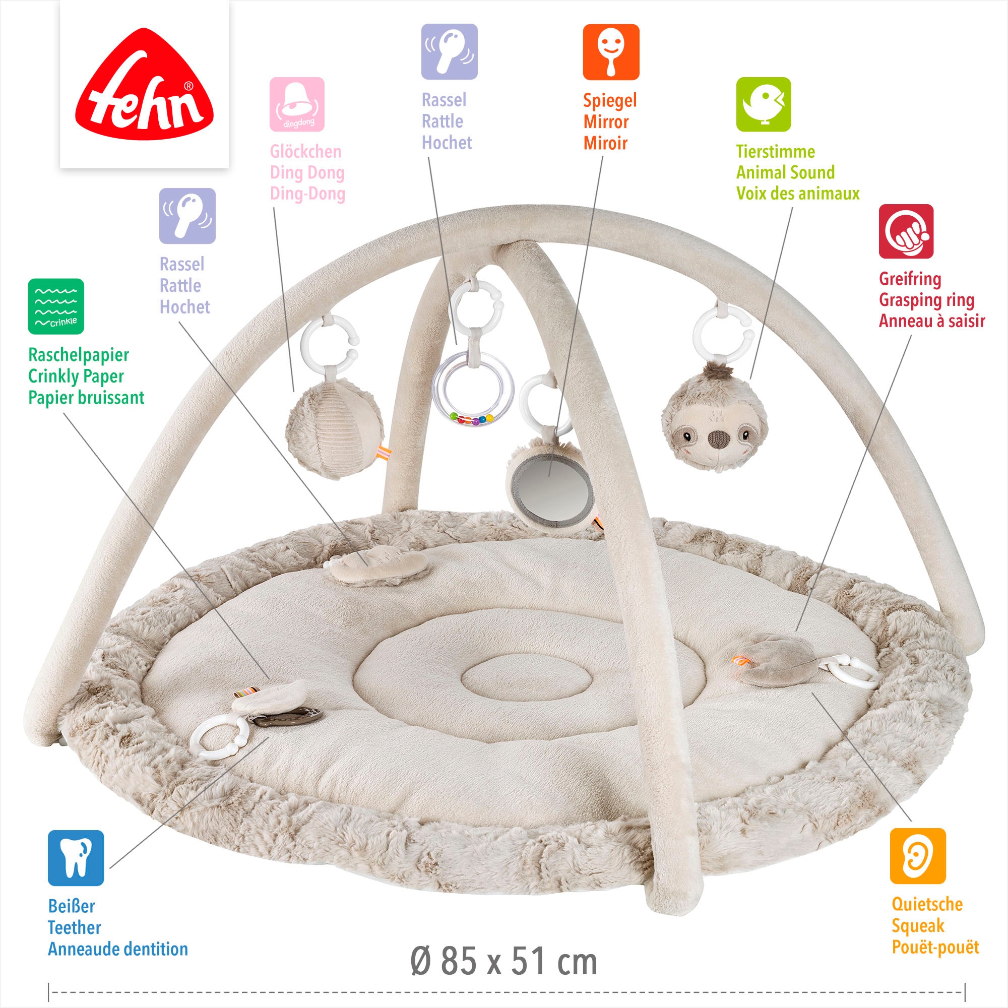 Fehn Spielbogen »Lazy, Crazy & Pink, Faultier, 3-D-Activity-Decke« mit 5 abnehmbaren Spielzeugen