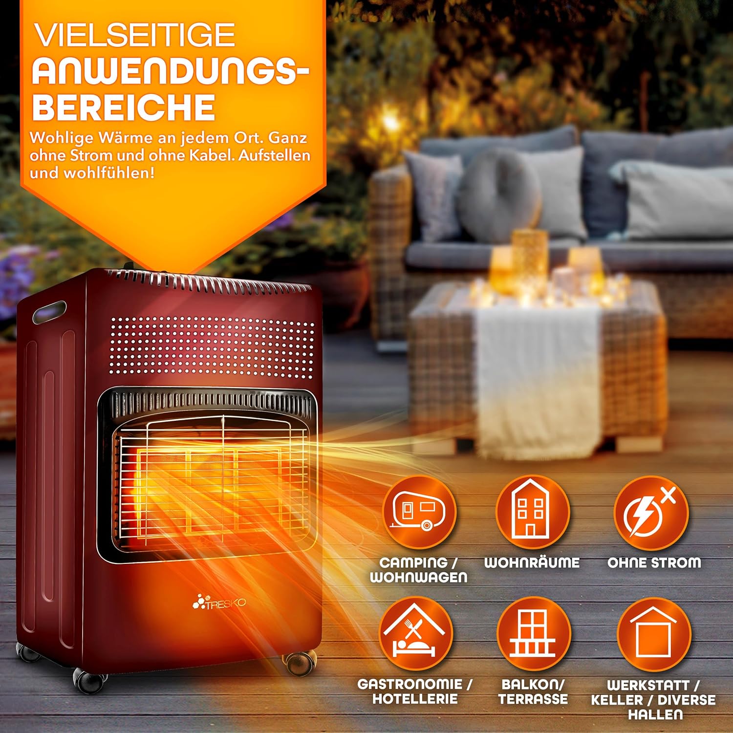 TRESKO 4200 Watt Gasheizung inkl. Gasdruckregler Gasschlauch + Abdeckung | Gasheizer Gasofen Gasheizofen mit 3 Stufen | Infrarot Gasheizgerät, Strahlend (Rot)