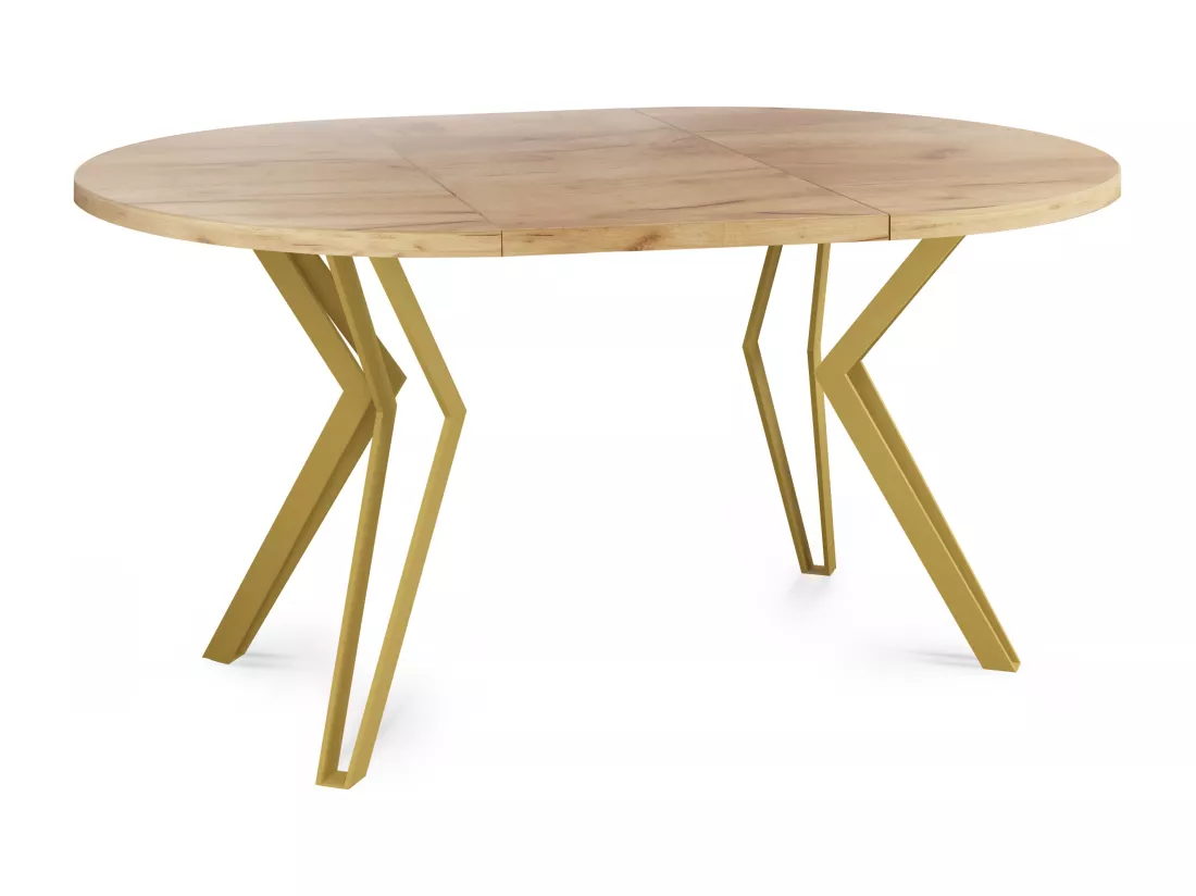 Table Ronde Salle à Manger - 100/176 Cm De Diamètre - Table à Rallonges Avec Pieds En Métal Doré - Style Industriel - Compacte - Chêne Craft
