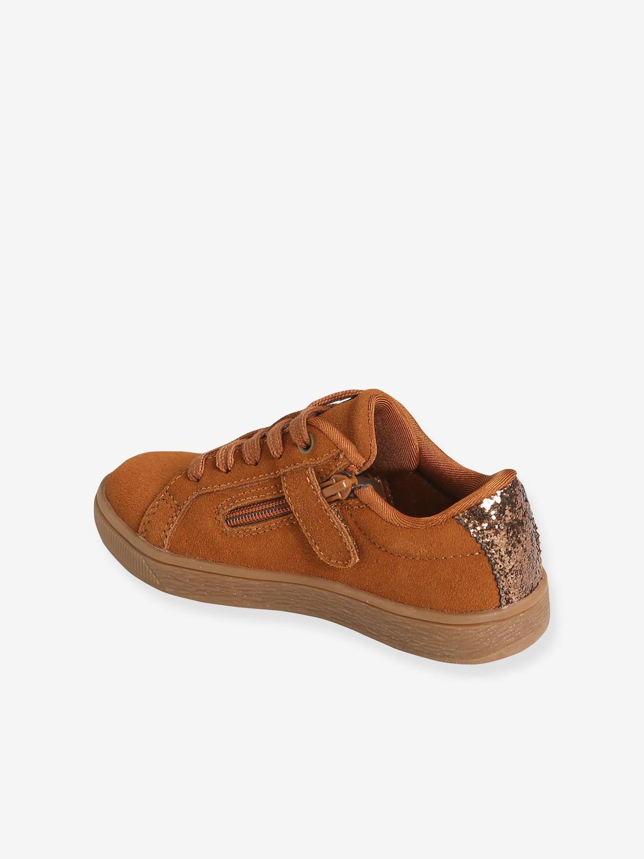 Tênis de couro com cadarço e zíper, para meninas, marrom médio, bicolor/multicolorido