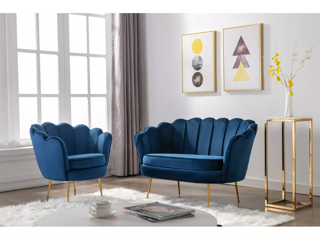 Canapé 2 places et fauteuil coquillage en velours bleu nuit DANDELION de Pascal Morabito