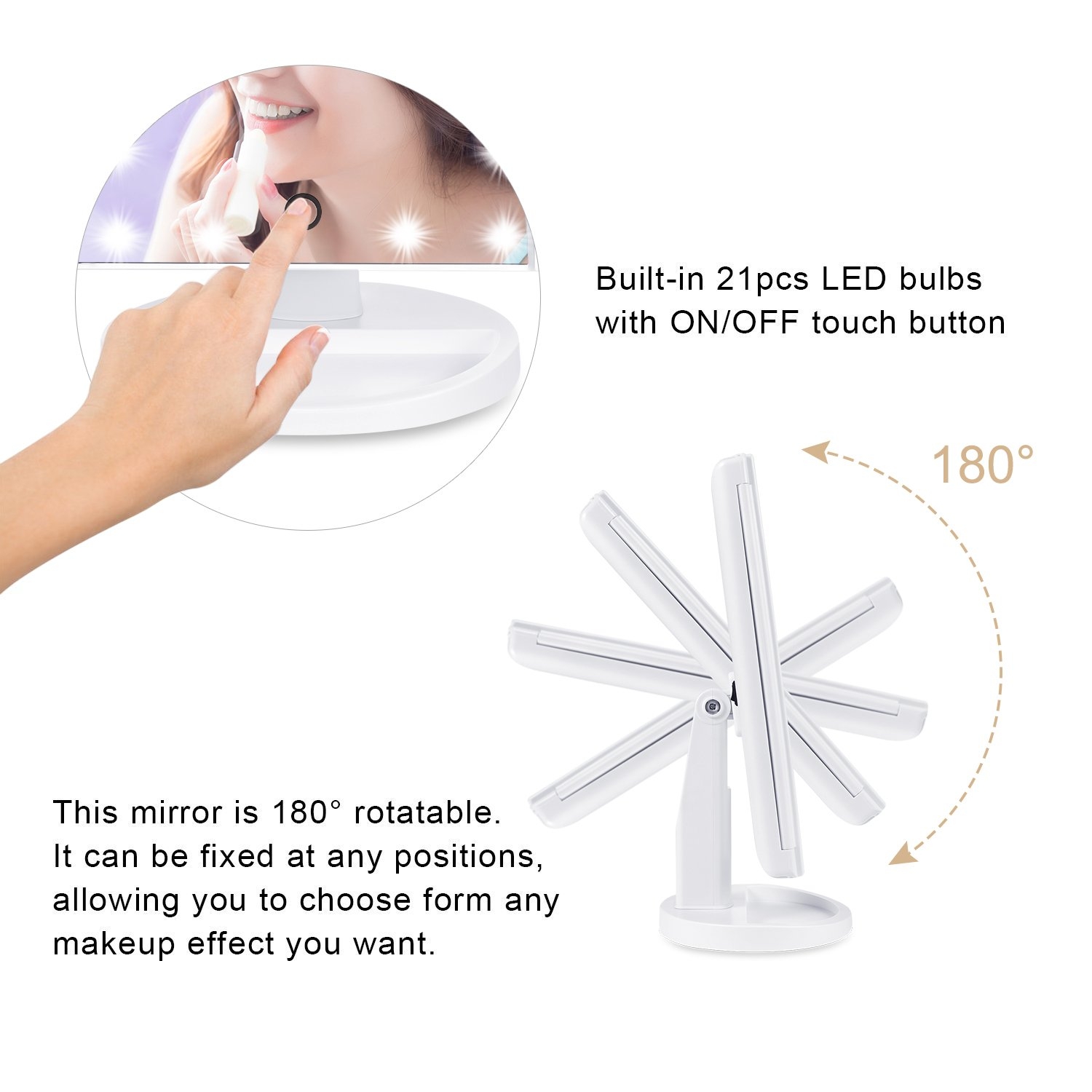 Dimmbarer USB Makeup Klapp LED Schminkspiegel mit Touch-Sensor (180 Grad Neigbar) - Weiss