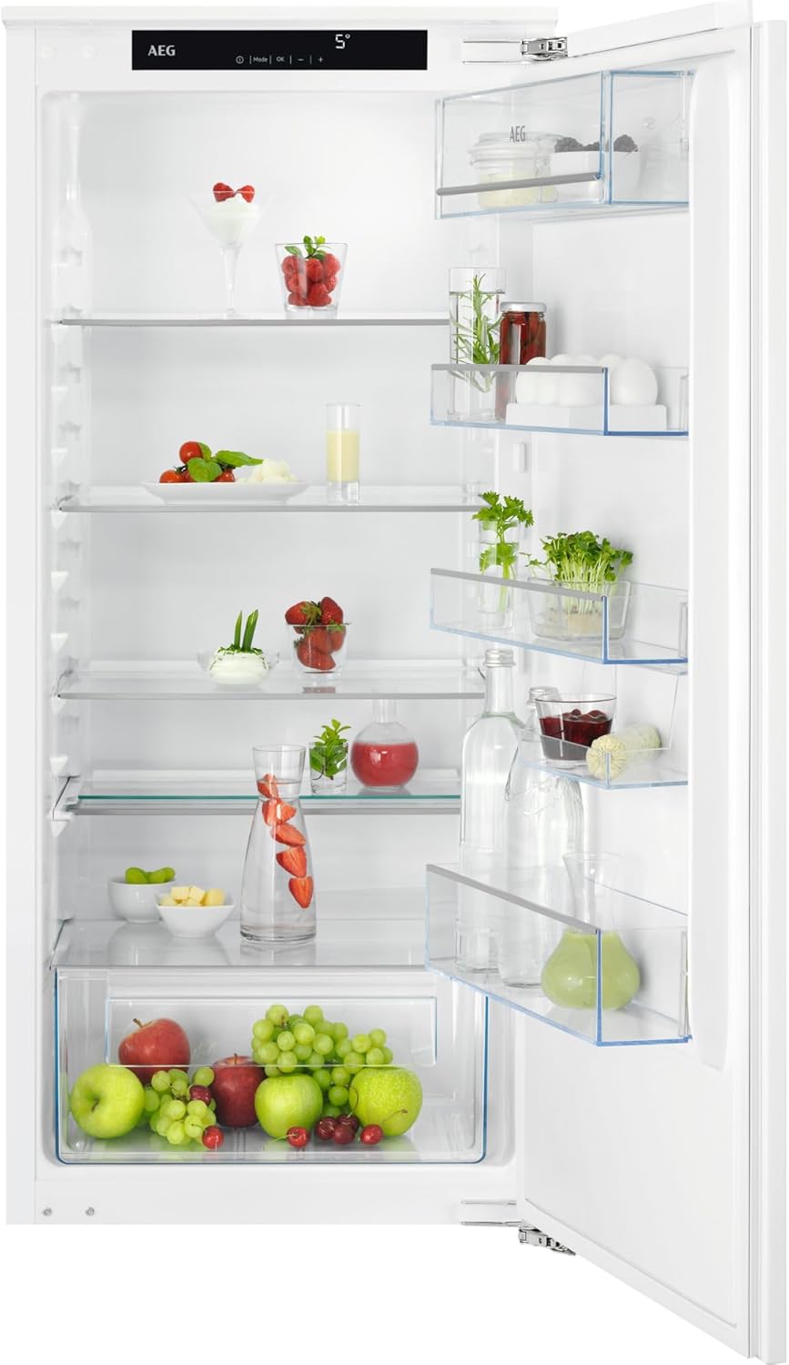 AEG Einbaukühlschrank 123cm ohne Gefrierfach, Serie 5000 OptiSpace: 3x vielfach verstellbare & 1x teilbare Glasablage, großer Kühlraum (203L), LCD-Display, Schnell-Kühlen-Funktion, Festtür, TSK5O12WDF